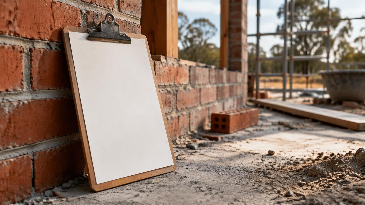 Illustrative photograph of a clipboard at a brick build site