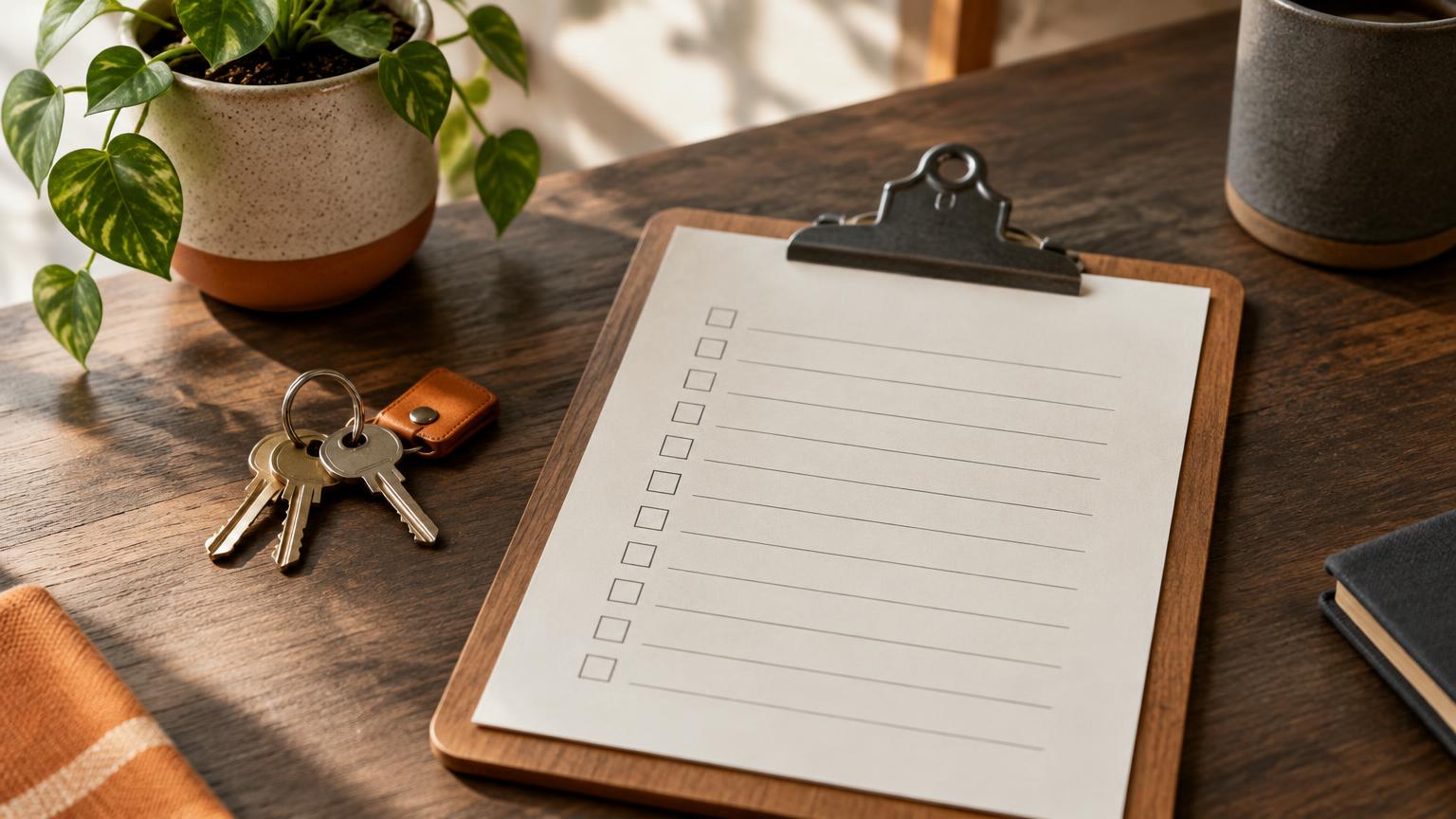 Illustrative photograph of a clipboard, house keys and a plant