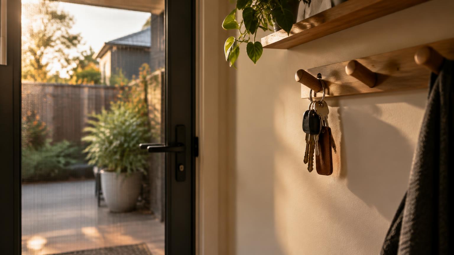 Illustrative photograph of keys on hooks by a rental door