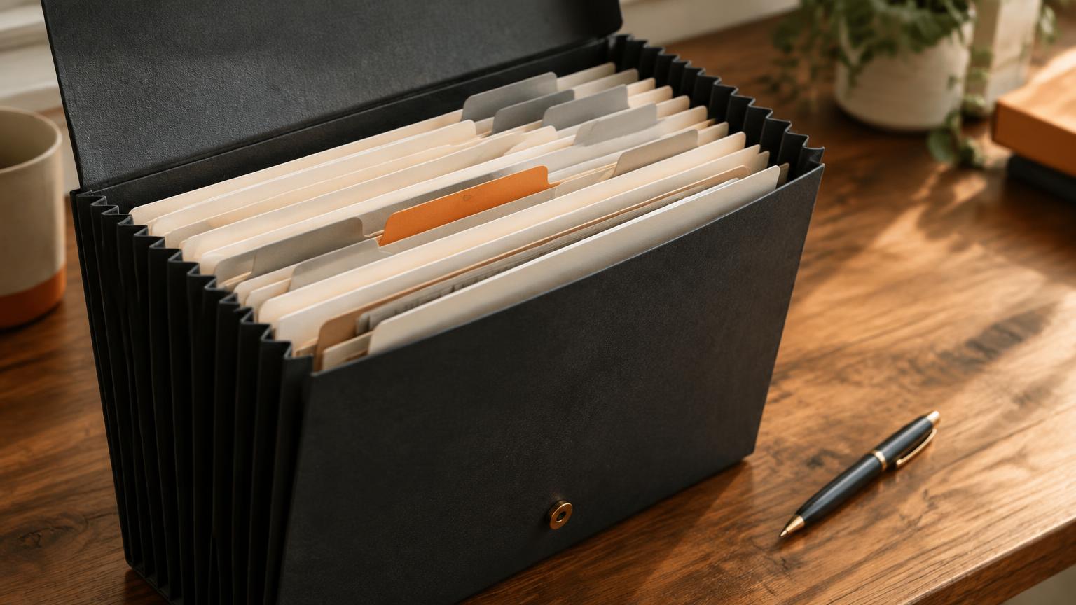 Illustrative photograph of an open accordion file on a desk