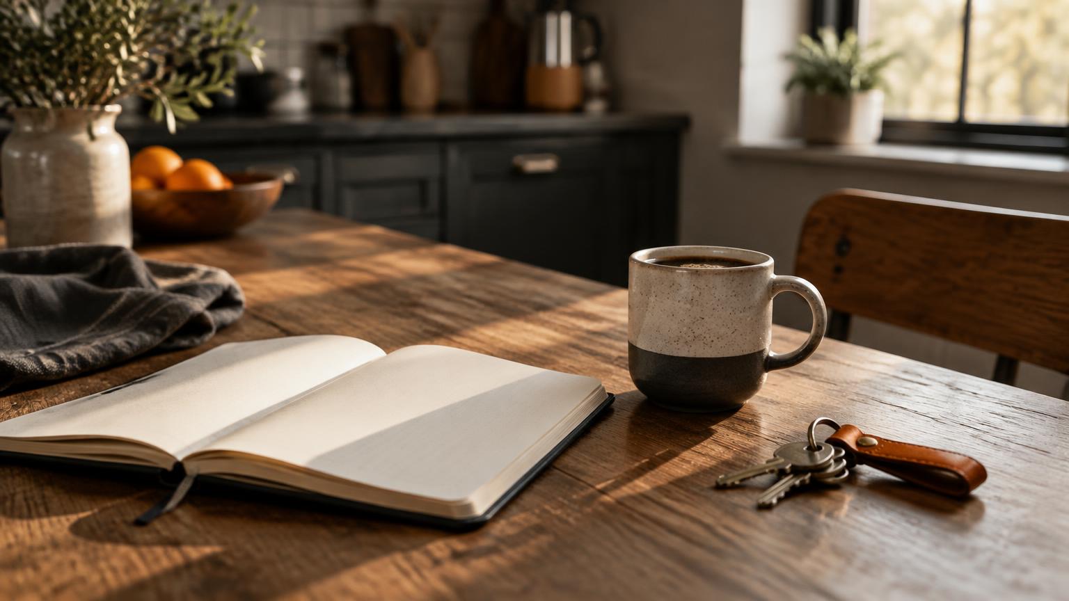 Illustrative photograph of a notebook, mug and keys on a table