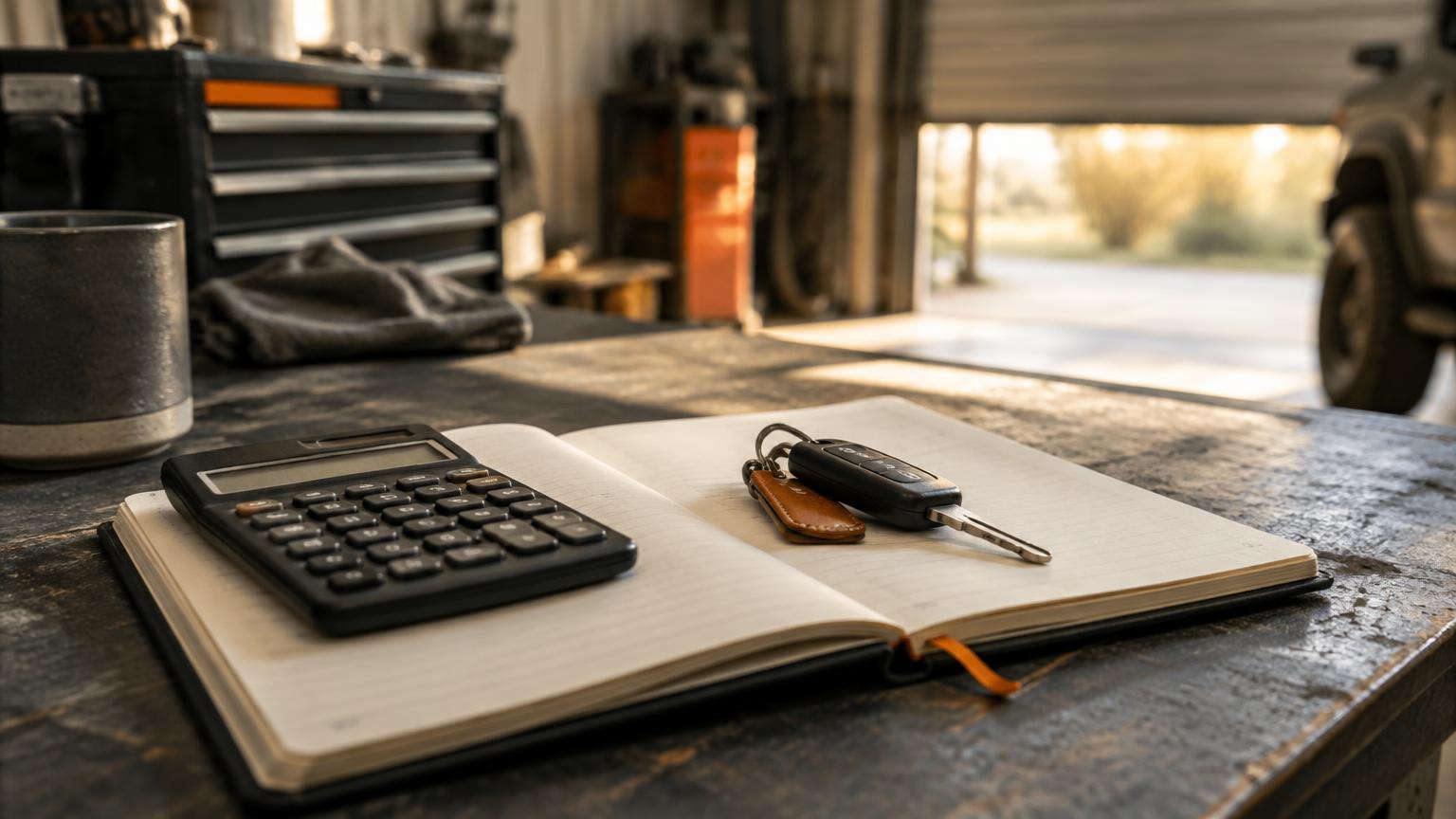 Illustrative photograph of a workbench with notes and keys