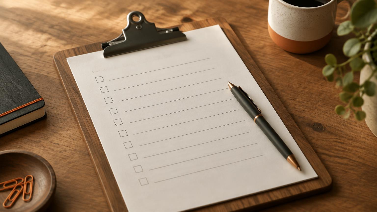 Illustrative photograph of a checklist clipboard, house keys and a coffee mug