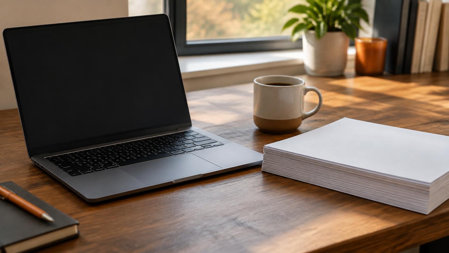 Illustrative photograph of a calculator, blank statement and coffee on a desk