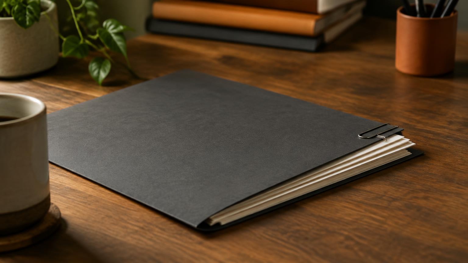 Illustrative photograph of a folder, pen and keys on a desk