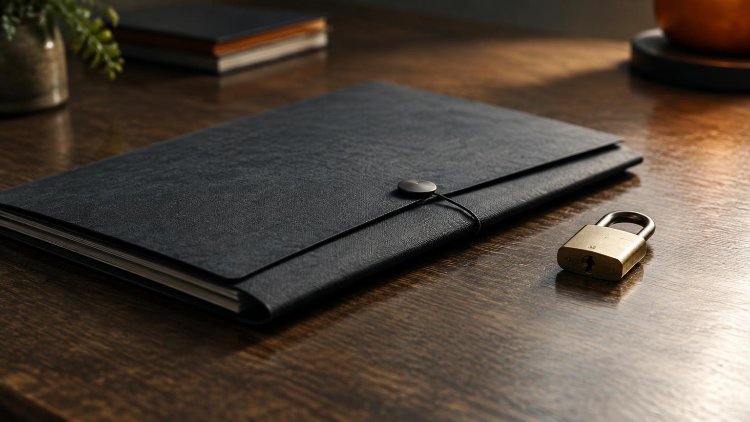 Illustrative photograph of a closed notebook with a pen on a desk