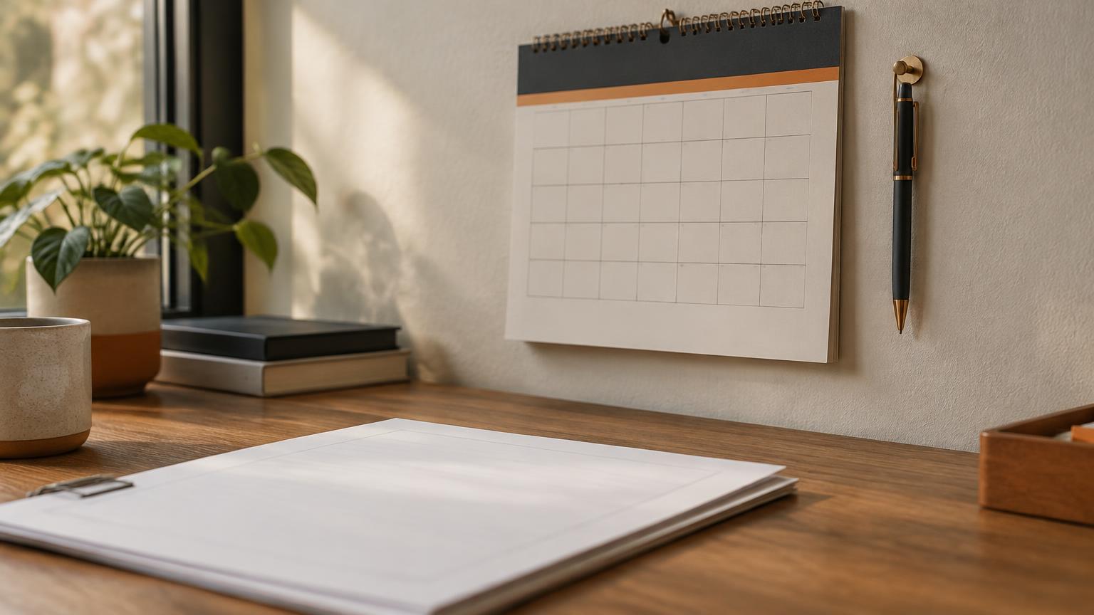 Illustrative photograph of a wall calendar beside loan paperwork
