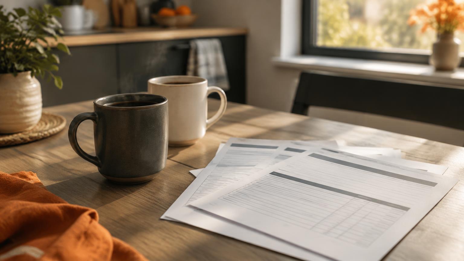 Illustrative photograph of a kitchen table with paperwork and a mug